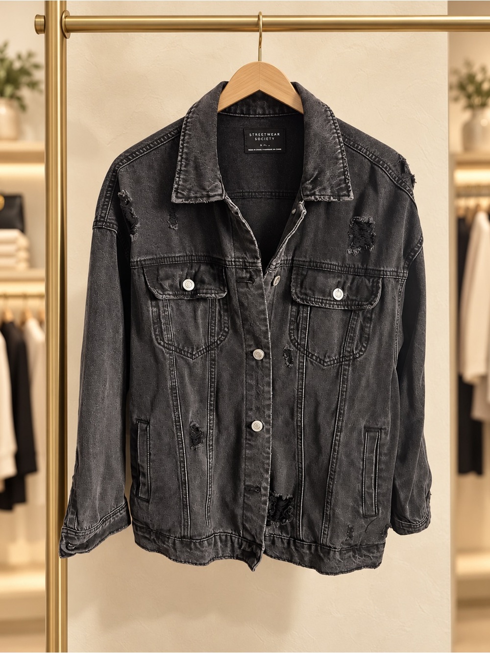Streetwear Society Distressed Black Denim Jacket- Small
